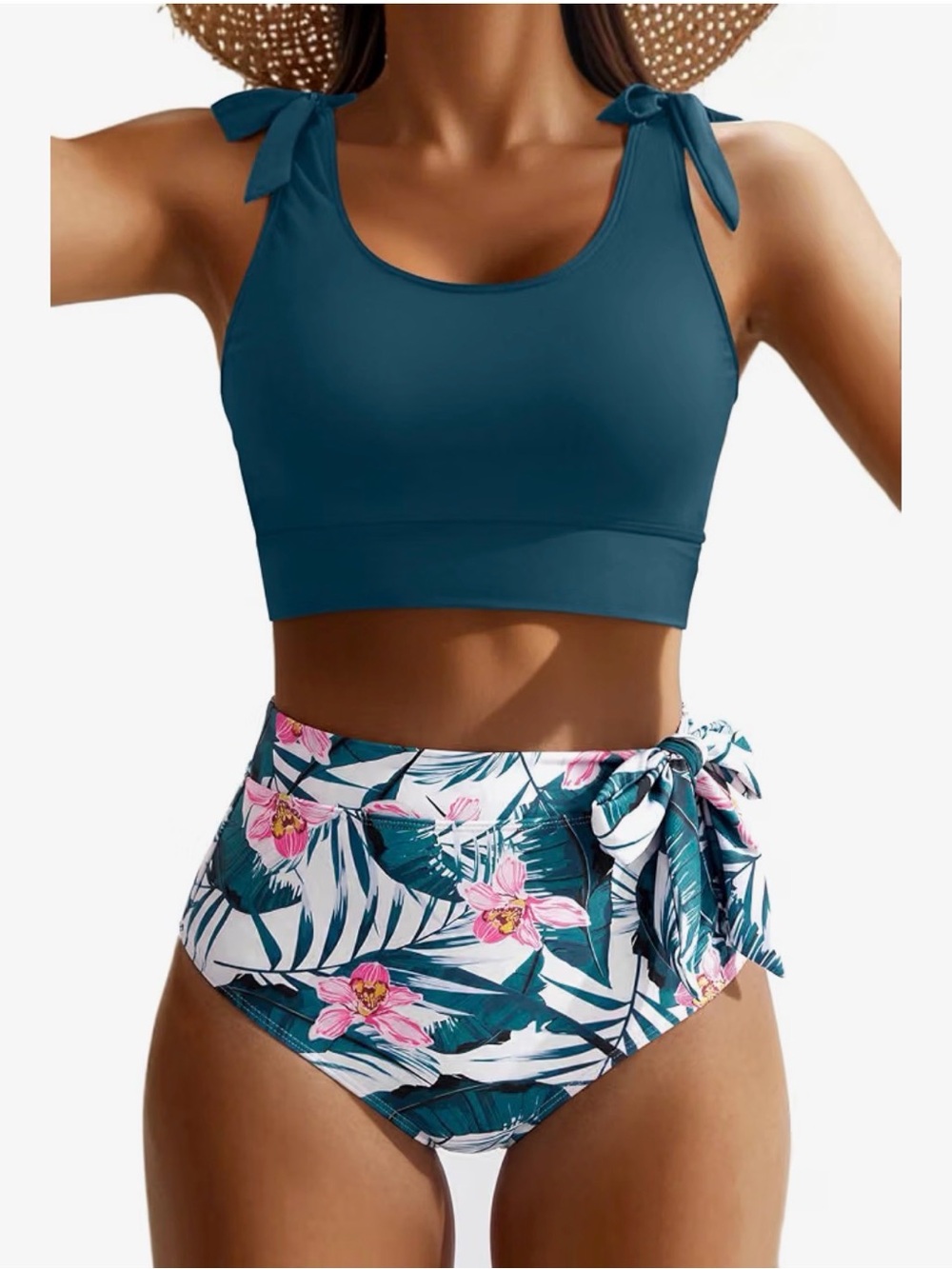 A379 Talisea High-Waist Floral Bikini Set with Teal Tie-Shoulder Top NWT